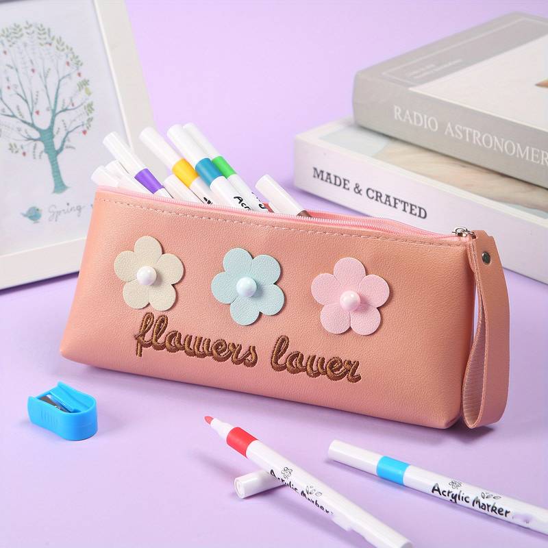 Cute Flower Pencil Pen Case Cosmetics With Pearl Zipper Girl - Temu